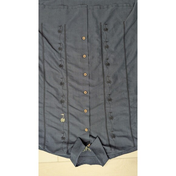 Vintage Bamboo Cay Palm Tree Embroidered Panel Black Hawaiian Shirt Mens M Modal - Picture 2 of 9